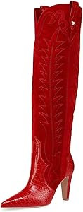 FSJ Women Pointed Toe Cowboy Boots Embroidered Chunky High Heel Knee High Boots Western Pull On F... | Amazon (US)