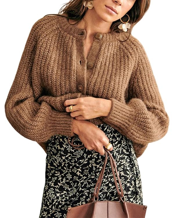 Bianstore Women's Casual Long Sleeve Crewneck Button Down Cardigan Sweater Knit Outwear | Amazon (US)