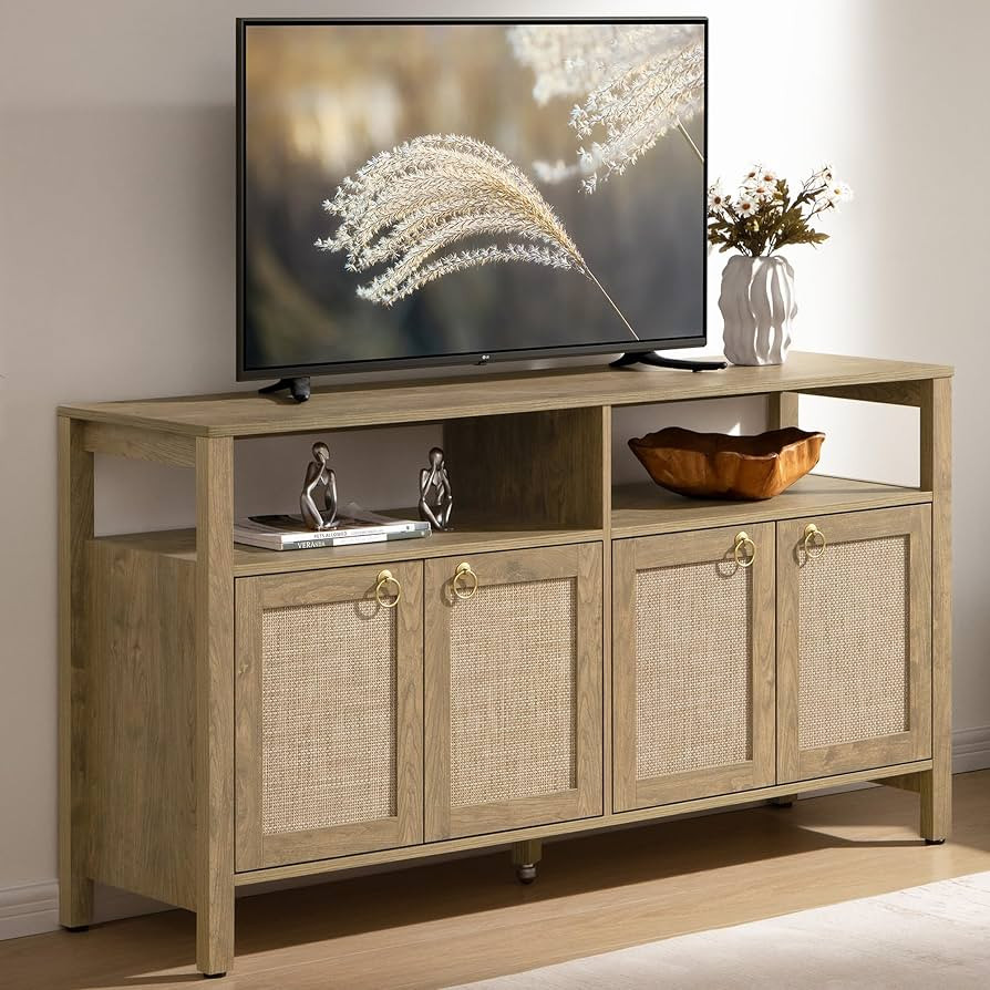 SICOTAS Rattan TV Stand for Television up to 65 Inch - 29.5" Tall Entertainment Center with Stora... | Amazon (US)