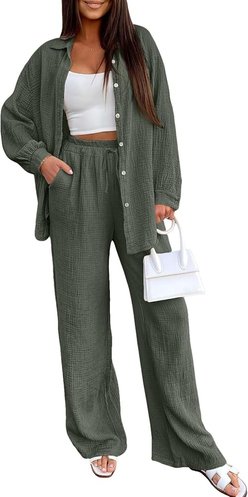 LILLUSORY Women 2 Piece Linen Sets Lounge Wear Fall Long sleeve Button Down Matching Outfits Over... | Amazon (US)