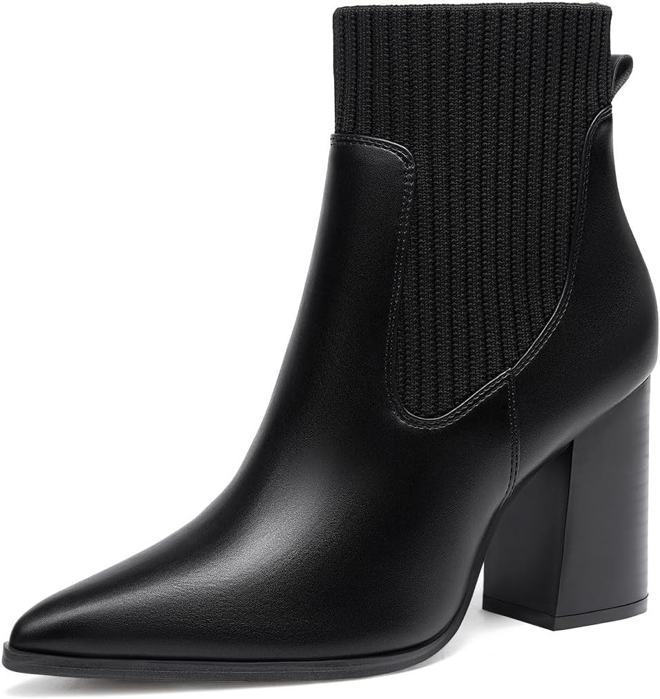 Coutgo Women Ankle Boots Sock Booties Pointed Toe Chunky Stacked High Heel Knit Chelsea Winter Dress Booties | Amazon (US)