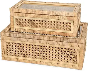 Handwoven Boho Rattan Display Boxes with Glass Lids - Set of 2 Rectangular Decorative Storage Bin... | Amazon (US)