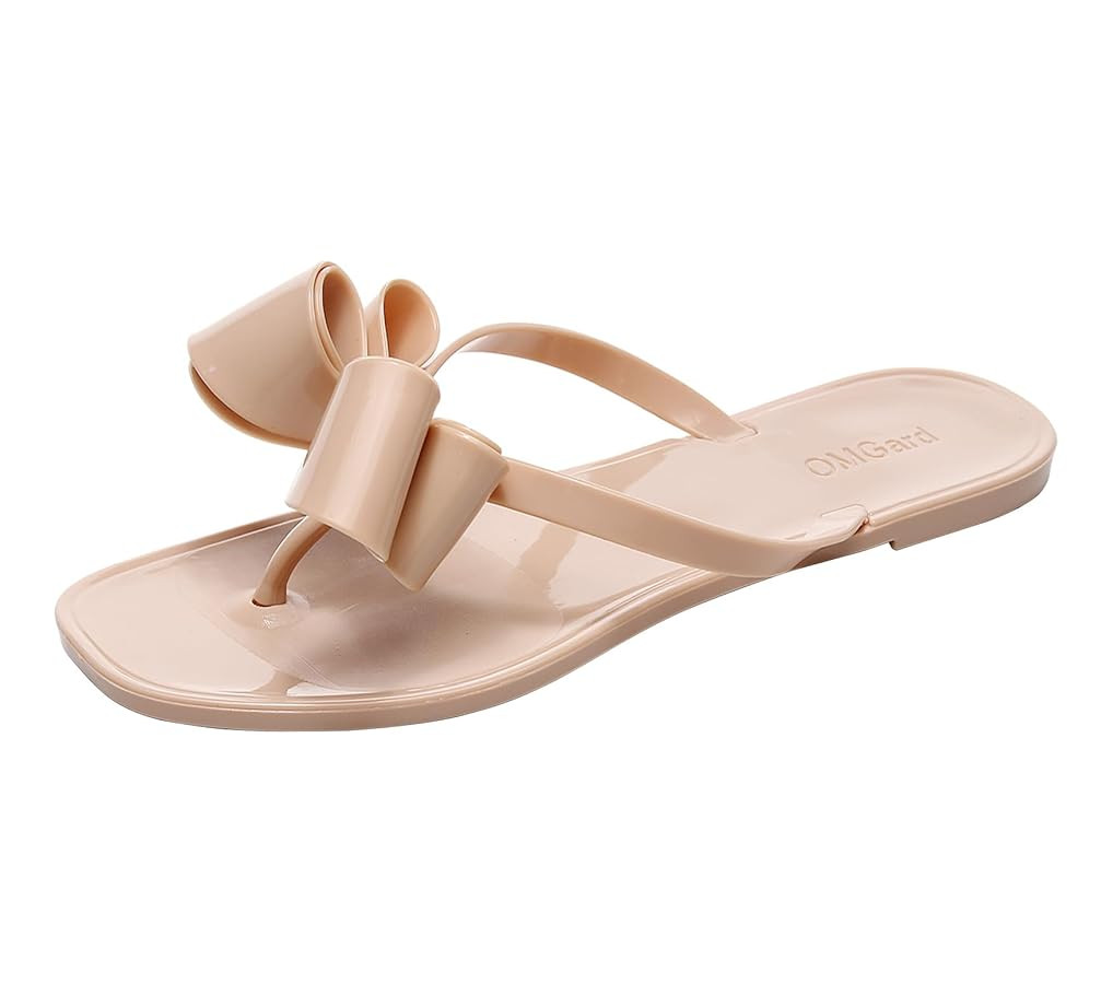 Studded Sandals for Women Bow Flip Flops Jelly Shoes Womens Beige Jellies Flat Summer Beach Thong... | Amazon (US)