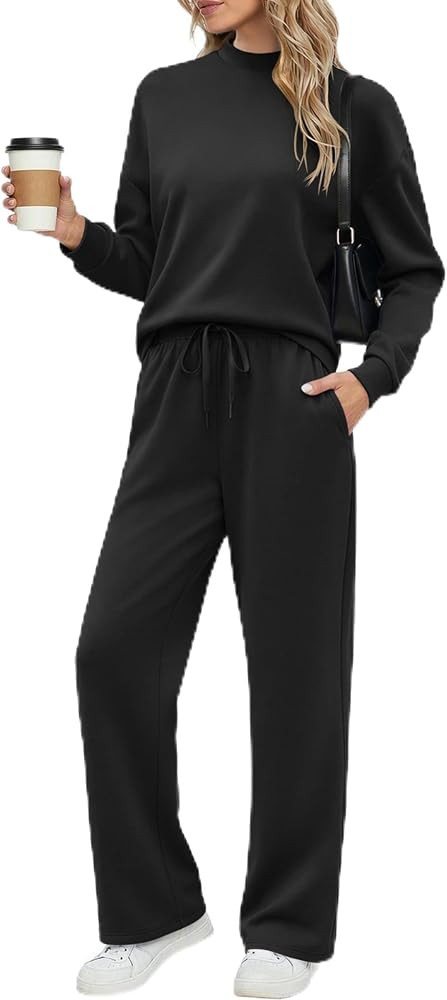 Ekouaer Two Piece Sets for Women Mock Neck Lounge Sets with Wide Leg Pants | Amazon (US)
