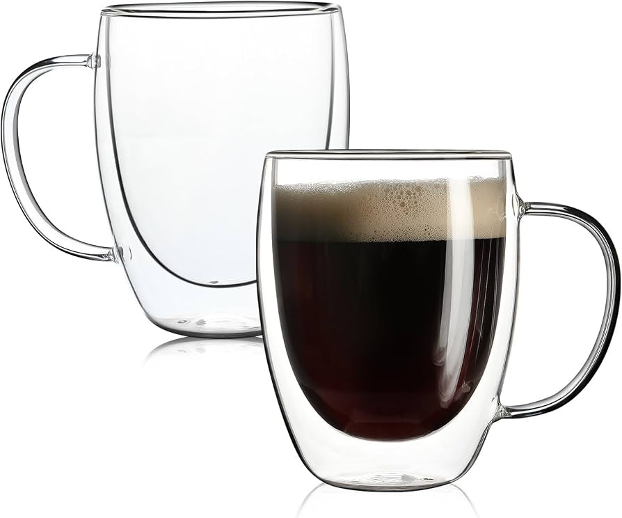 Aurzen 2 Pack Double Walled Glass Coffee Mugs with Handles, Large Insulated Layer Coffee Cups, 12... | Amazon (US)