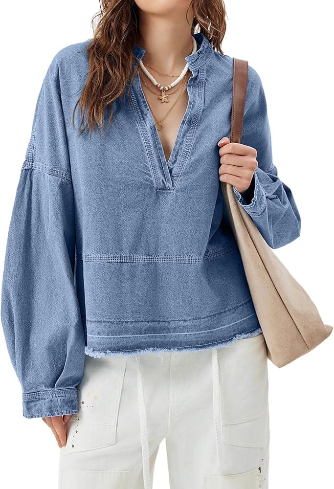 PLNOTME Womens Denim Tops Pullover Trendy Casual V Neck Loose Fit Puff Sleeve Jean Cotton Shirts | Amazon (US)