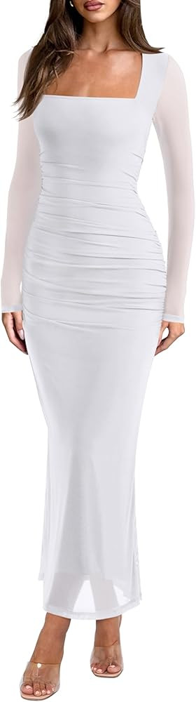 REORIA Long Sleeve Wedding Guest Maxi Dresses for Women Sheer Mesh Square Neck Ruched Bodycon Lon... | Amazon (US)