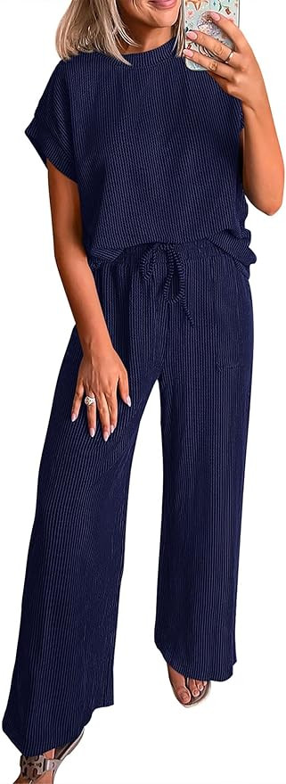 KIRUNDO Womens Summer 2 Piece Outfits Casual Ribbed Knit Short Sleeve Tops Wide Leg Pants Lounge ... | Amazon (US)