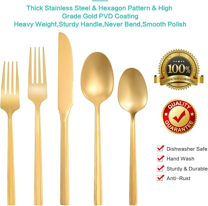 Flatasy Gold Silverware Set Stainless Steel Flatware Set 20 Piece Hexagon Handle Cutlery Set Wedd... | Amazon (US)