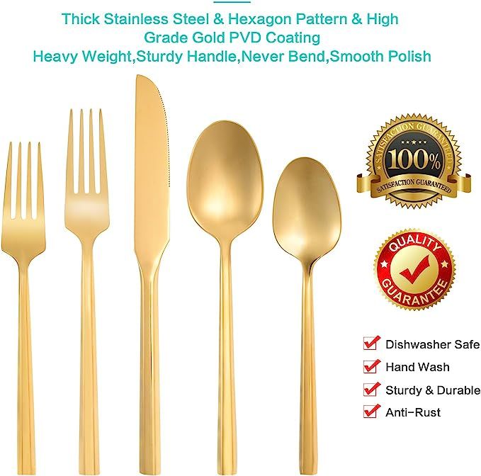 Flatasy Gold Silverware Set Stainless Steel Flatware Set 20 Piece Hexagon Handle Cutlery Set Wedd... | Amazon (US)