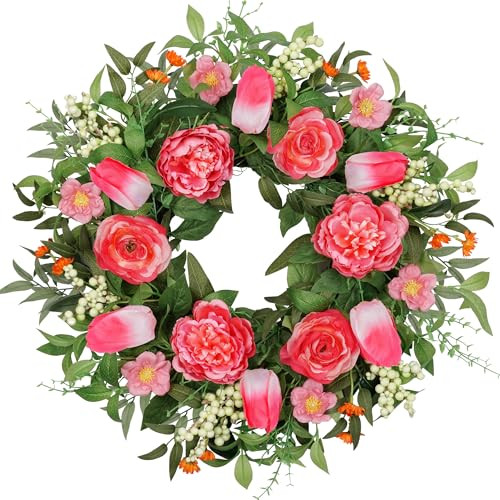 Vlorart 24 Inch Spring Summer Wreath Peony Wreath for Front Door with Pink Tulip, Eucalyptus Leaves, White Berries for Indoor Outdoor Wall Festival Home Farmhouse Wedding Decor | Amazon (US)