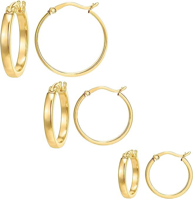 3 Pairs Thick Flat Edge Big Hoop Earrings，Stainless Steel Hoop Earrings in Gold Plated Rose Gol... | Amazon (US)