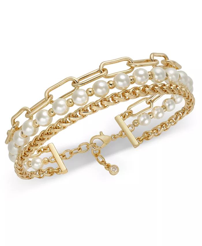 Gold-Tone Mixed Link & Imitation Pearl Triple-Row Flex Bracelet, Created for Macy's | Macy's