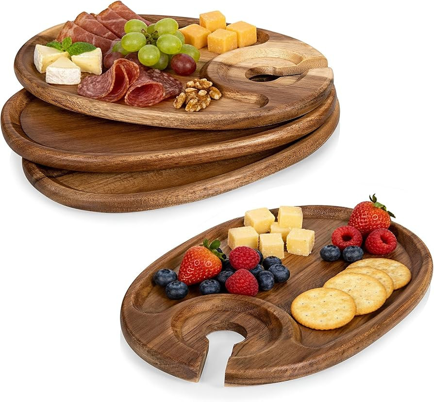 PICNIC TIME Wine Appetizer Plates, Set of 4 Wooden Cocktail Plates with Glass Holder, Mini Charcu... | Amazon (US)