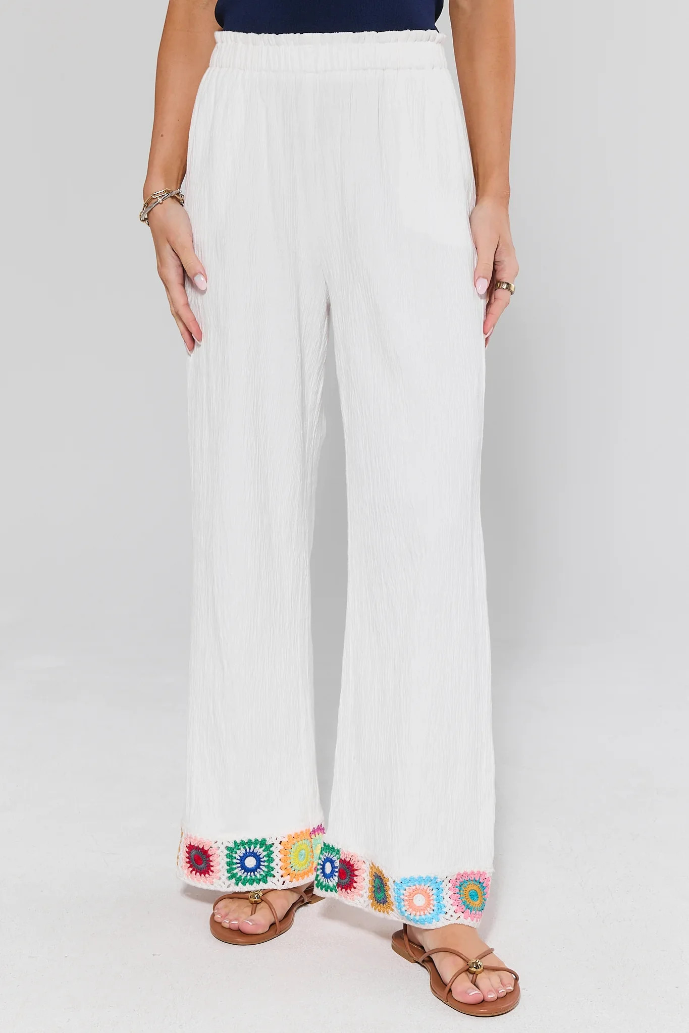 Poppy White Embroidered Trim Pants | Avara