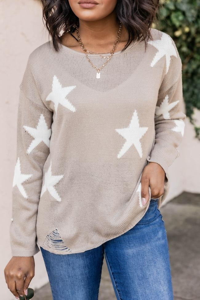 Lost In The Stars Distressed Taupe Sweater | The Pink Lily Boutique