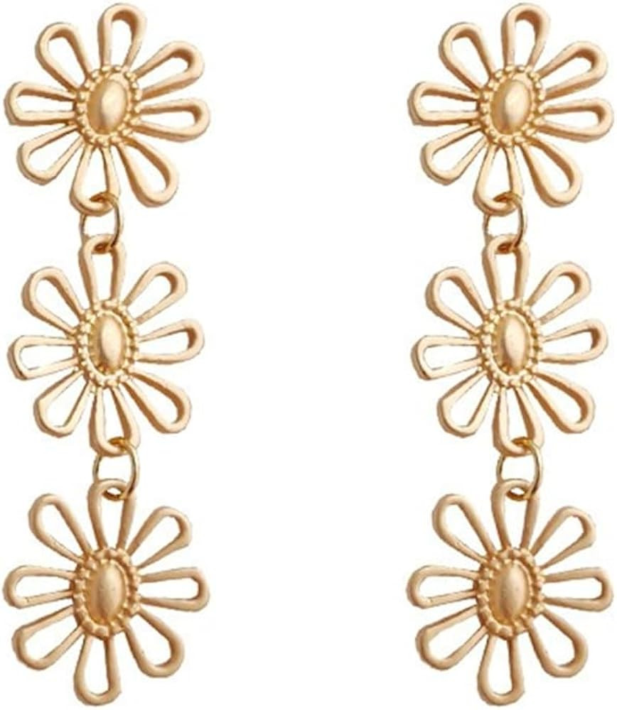 ASHMITA Matte Gold Hollow Triple Dangle Floral Drop Earrings Retro Floral Long Earrings 925 Silve... | Amazon (US)