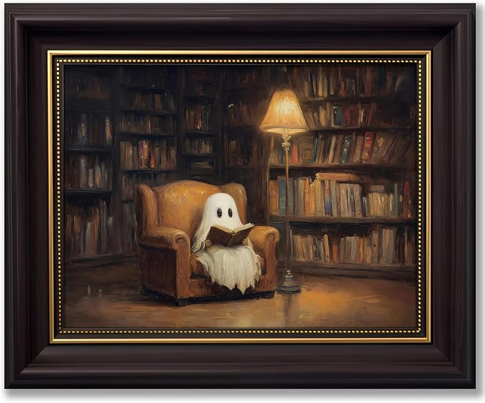 Vbaourut Framed Halloween Ghost Wall Art, Moody Reading Ghost Canvas Painting, Dark Academia Libr... | Amazon (US)