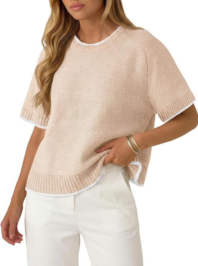 Saodimallsu Womens Short Sleeve Sweaters Casual Crew Neck Lightweight Color Block Loose Fit Summe... | Amazon (US)