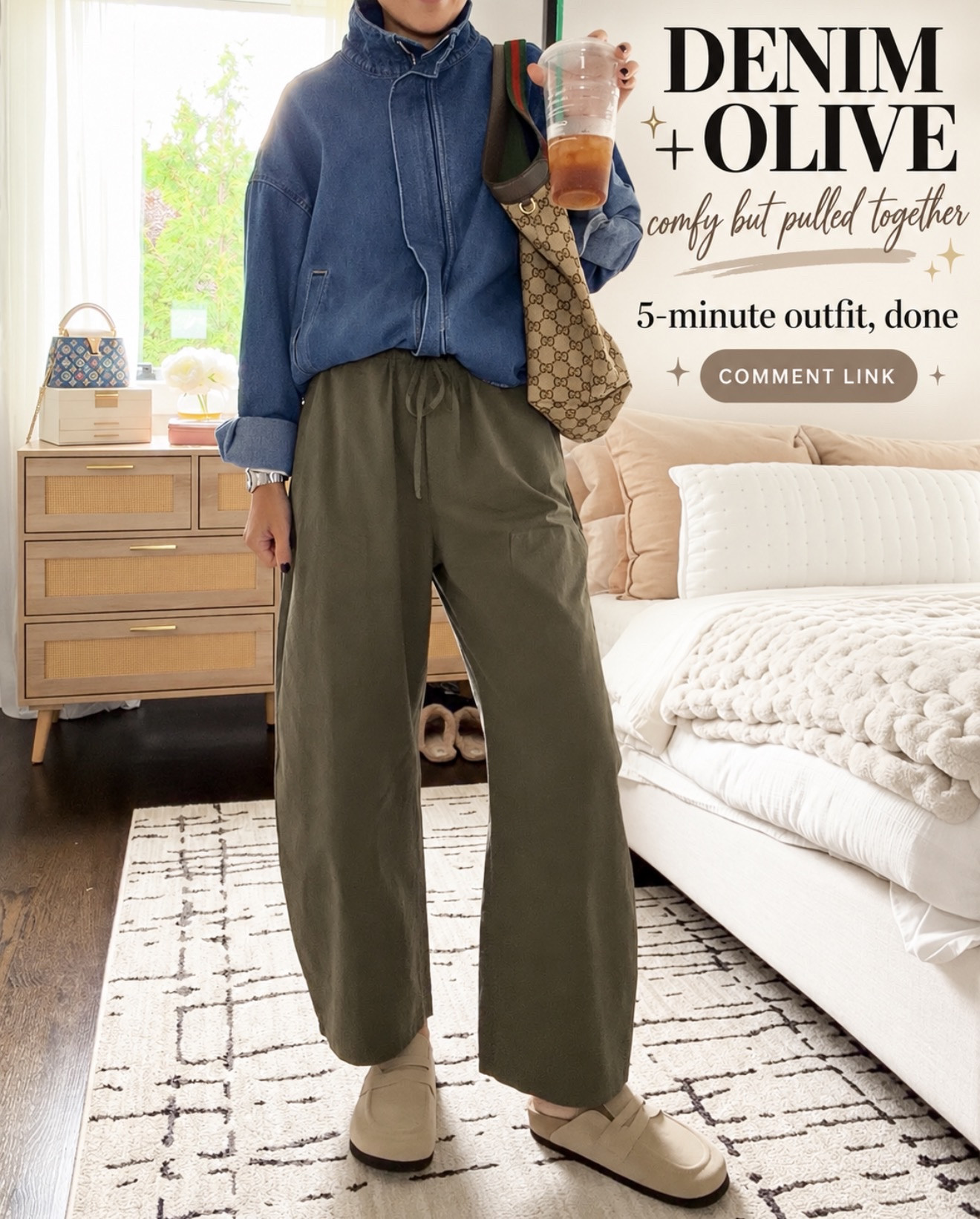 This is my comfy-but-pulled-together outfit for a busy day: a denim jacket, olive pants, and easy slip-ons 🤎 
💬Comment LINK and I’ll send you the details!

#LTKootd #LTKmomlife #LTKOver40