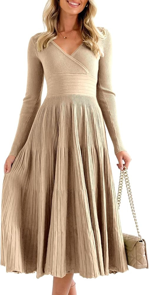 Saodimallsu Womens Long Sleeve Midi Sweater Dress Wrap V Neck Pleated A Line Fit Flare Elegant Kn... | Amazon (US)