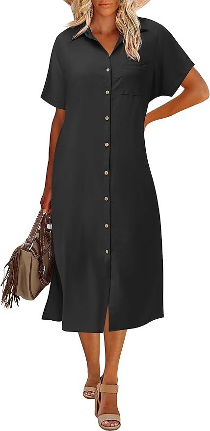 Zeagoo Womens Shirt Dress Casual Short Sleeve Button Down Dress Belt Side Slit Midi Dresses with ... | Amazon (US)