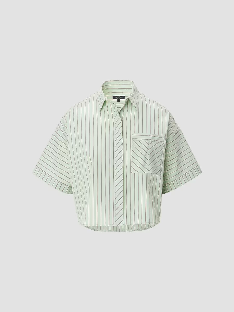 rag & bone Women's Marin Striped Short-Sleeve Button-Front Shirt - Green Stripe - Size Large | Saks Fifth Avenue