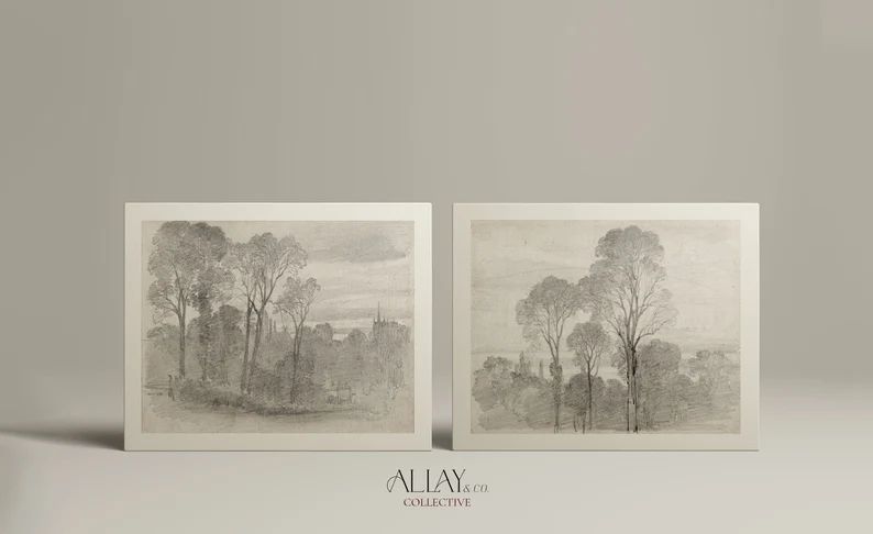Sketch Drawing Print Set of Two Vintage Forest Drawing Digital Vintage Landscape Country Drawing ... | Etsy (US)