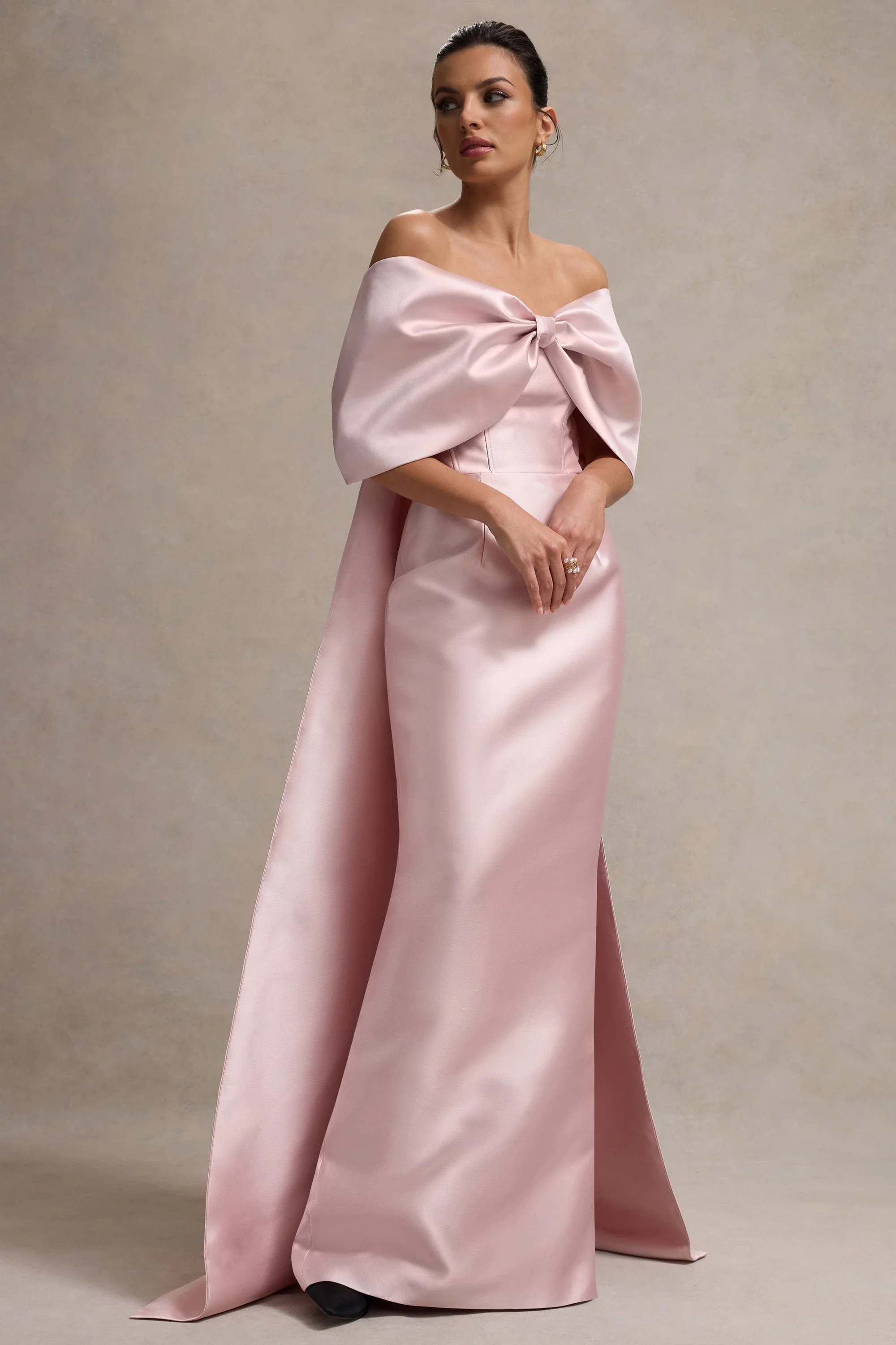 Wanting More  Pink Satin Cape Maxi Dress With Oversized Bow | Club L London