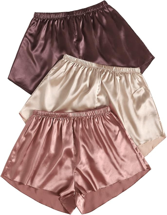 Milumia Women 3 Piece Set Elastic Waist Basic Solid Satin Sleep Shorts | Amazon (US)