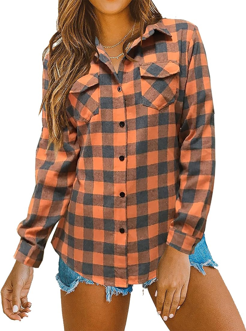 Oyamiki Womens Casual Cuffed Long Sleeve Boyfriend Button Down Plaid Flannel Shirt Tops | Amazon (US)