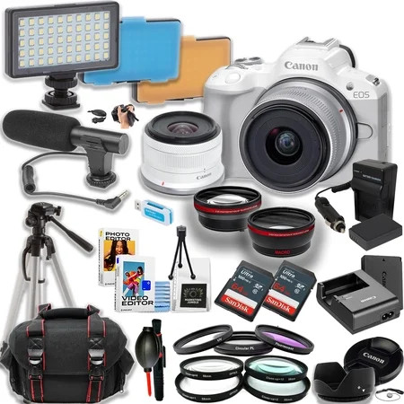 Canon EOS R50 Mirrorless Camera w/18-45mm Lens + 2pc 64GB Ultra Memory Card + Directional Mic + Tripod + Camera Case + More (24pc Bundle) (International Version) | Walmart (US)