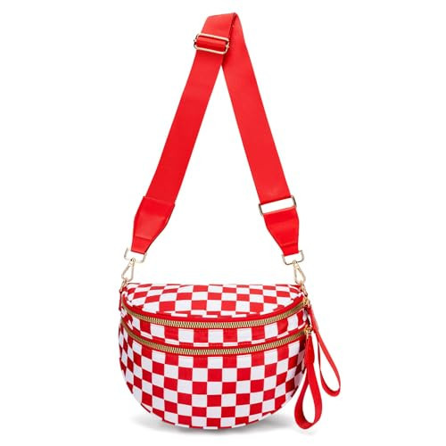 Checkered Crossbody Bag Spacious Bum Bags for Women Nylon Fanny Packs Belt Bag Handbags Wallets for Shopping Travel,Red | Amazon (US)