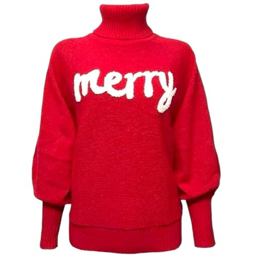 Merry Sweater Christmas Holiday Women's Red Embroidered Knitted Turtleneck (M) | Amazon (US)