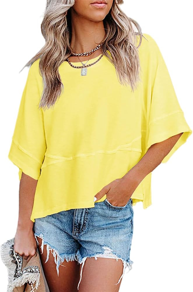 Women's Summer Casual Crewneck Batwing Half Sleeve T-Shirts Solid Color Loose Fit Cute Basic Flow... | Amazon (US)