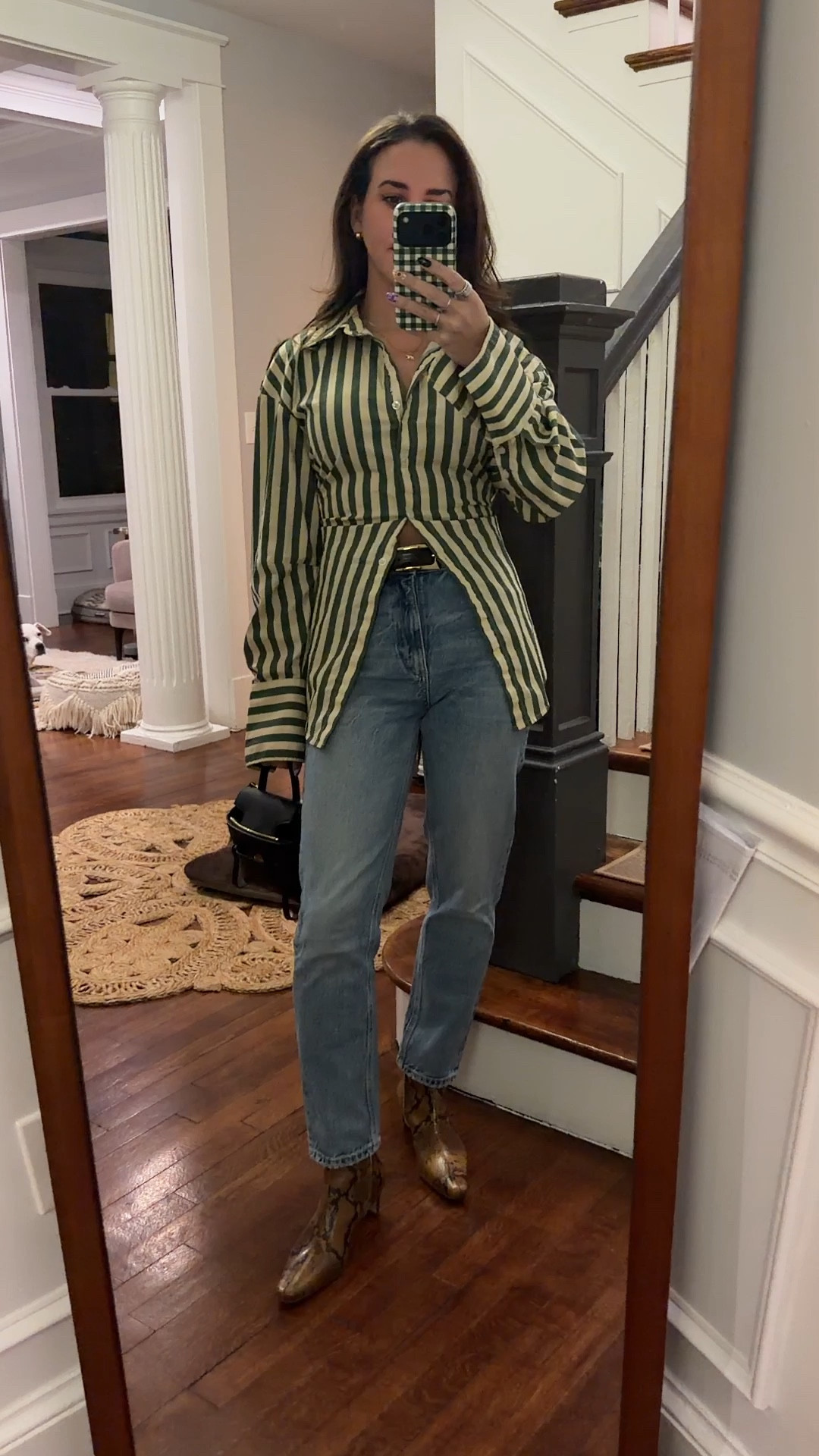 Date night outfit. Green button down. Simon miller button down. Simon miller. Staud Wally. Staud Wally boot snake print. Animal print. Snake print. Casual date night.

#LTKSpringSale 

#LTKSaleAlert #LTKootd