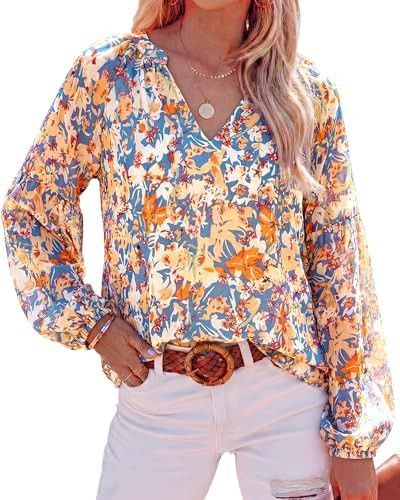 BTFBM Floral Blouses for Women Dressy Casual,V Neck Lightweight Boho Tops,Long Sleeve Shirts,70s ... | Amazon (US)