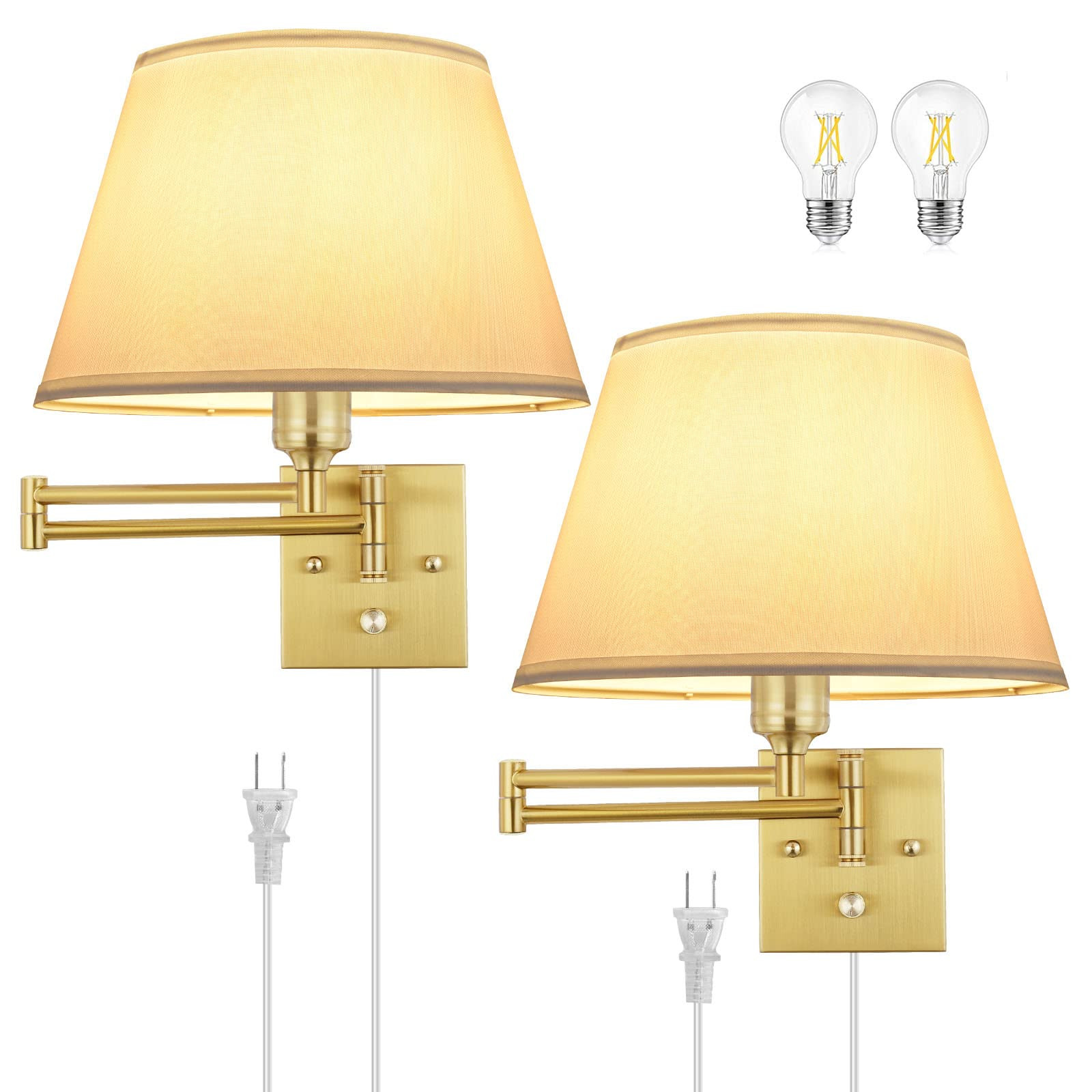 TRLIFE Dimmable Wall Sconce Plug in, Brushed Brass Wall Sconces Set of 2 Swing Arm Wall Lights wi... | Amazon (US)