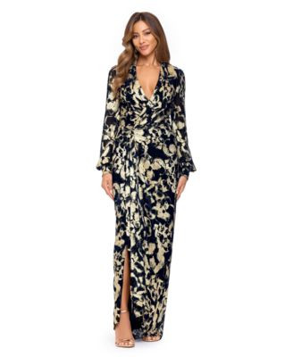 Betsy & Adam Women's Floral Long-Sleeve Gown - Navy/Gold | Macy's