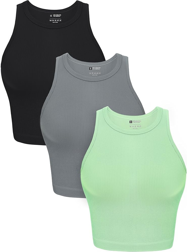OLCHEE Womens 3 Pack Crop Tank Tops Basic Seamless Ribbed Round High Neck Racerback Workout Top S... | Amazon (US)