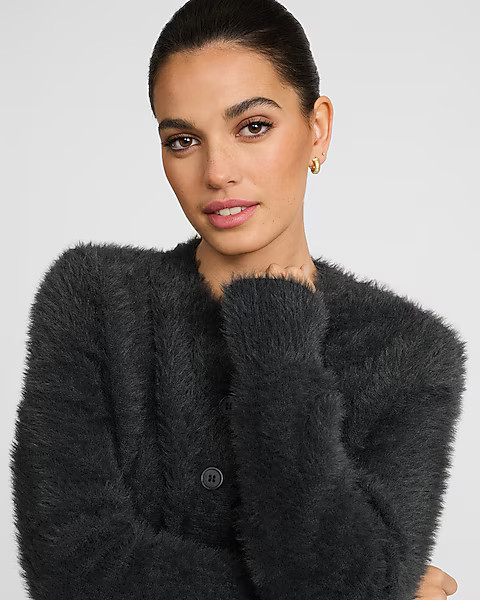 Fuzzy Brushed Crew Neck Cardigan | Express