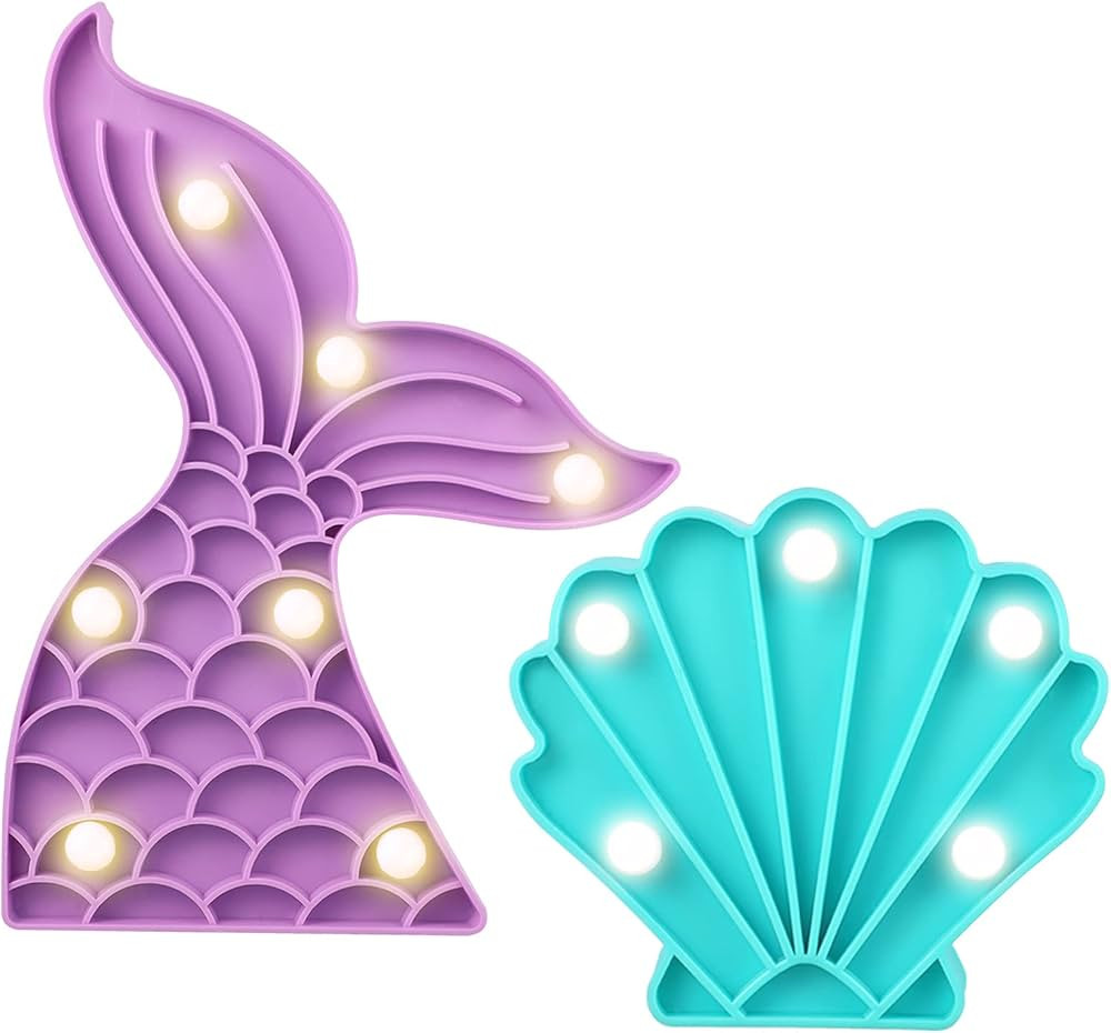 2 Pieces Mermaid Party Decorations Cute Mermaid Tail Night Light Purple and Blue Shell Night Lamp... | Amazon (US)