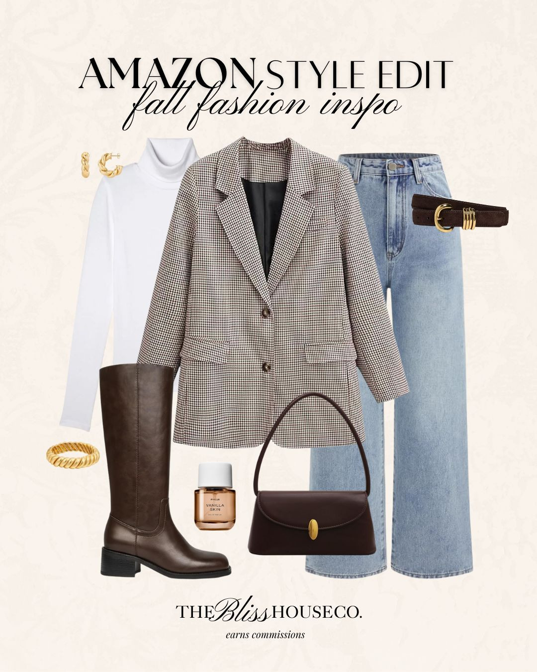 Amazon fall outfit inspo! Plaid blazer, denim, turtleneck, leather knee high boots, chocolate brown, handbag, affordable fall fashion, fall style, fall fashion, Amazon finds, winter look.
 

 #LTKSeasonal #LTKFindsUnder50 #LTKStyleTip
