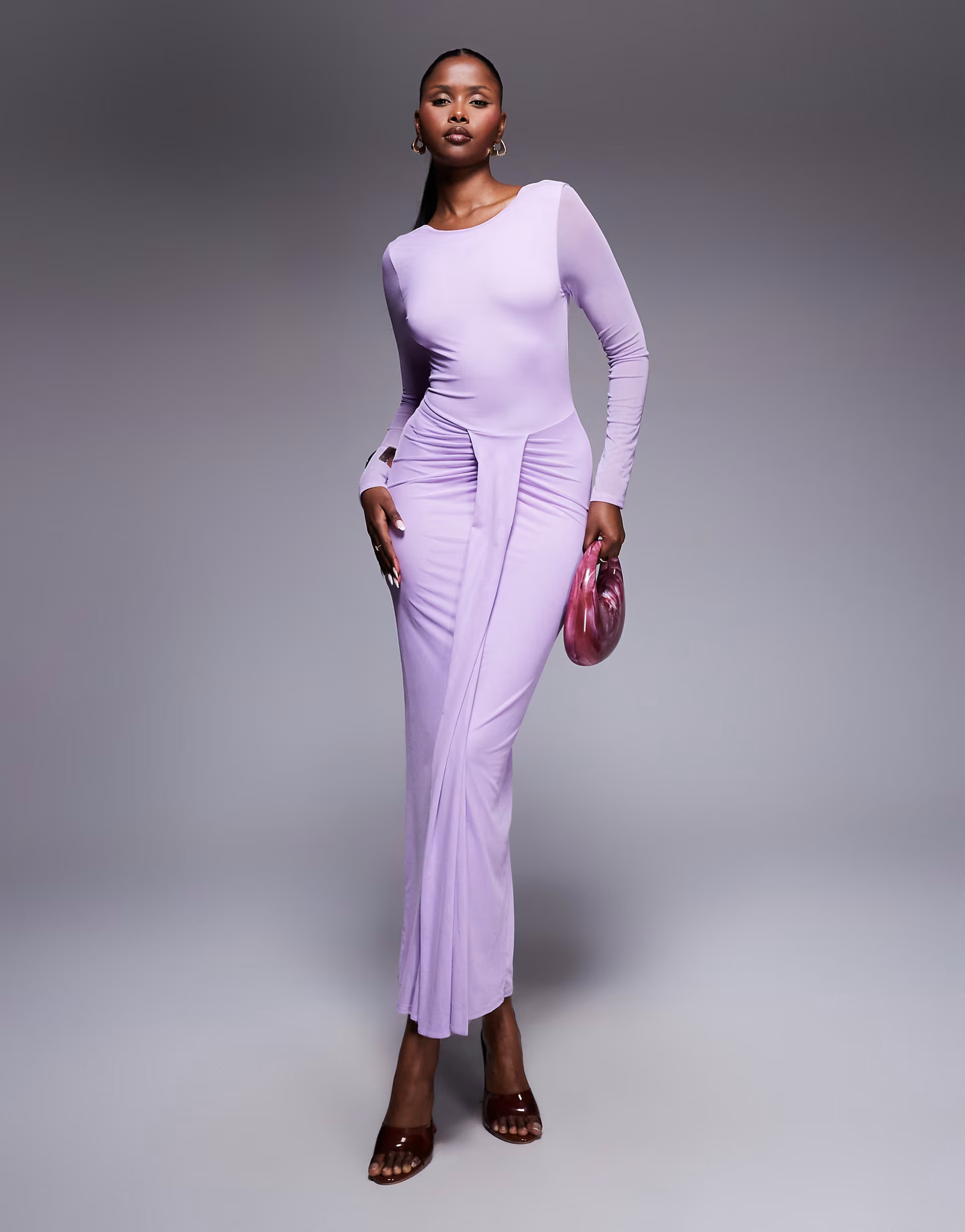 ASOS DESIGN mesh long sleeve slash neck open back midi dress with sash in lilac | ASOS | ASOS (Global)