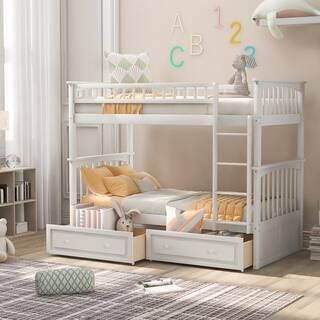 Qualfurn White Twin over Twin Convertible Bunk Bed with Drawers-BWM000240K - The Home Depot | The Home Depot