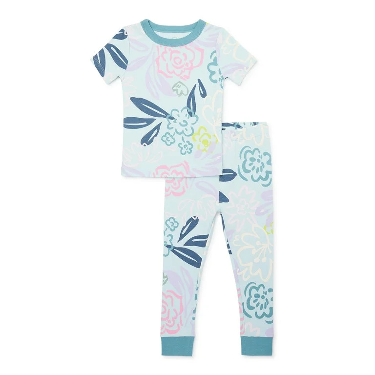 Wonder Nation Baby and Toddler Girls Cotton Tight Fit Top and Pants, 2-Piece Sleep Set, Sizes 12M... | Walmart (US)