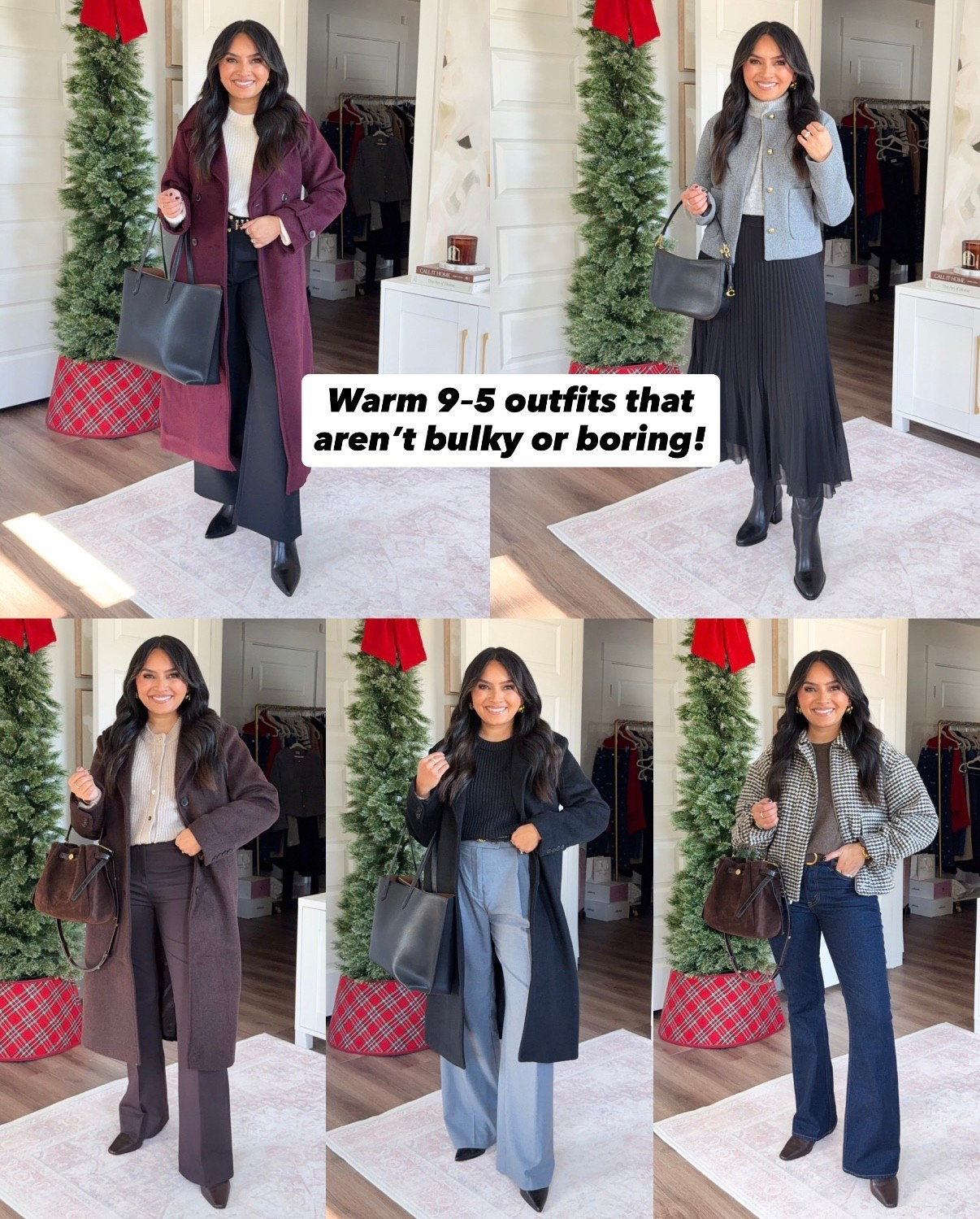 Cold Weather Winter Workwear Office Outfits
For reference: I’m 5’0, 32b bra size, and 2/26 in bottoms, pear shaped. 
*Everything I share is unaltered! TTS means true to size. Between size 5-6.6 in shoes

Red wine burgundy wool trench coat size xs petite TTS
Ivory sweater size xs TTS
Black wide leg pants size 26 short TTS
Black leather boots size 5.5 TTS

Grey boucle lady jacket size xs TTS
Heathered gray cable knit sweaters size xxs TTS
Black pleated skirt size small TTS
Black boots size 5.5 TTS

Dark coffee brown coat size xs petite TTS
Sand ivory crew cardigan size xs TTS
Dark coffee brown bootcut pant size 26 short TTS
Dark brown leather boots size 5.5 TTS

Black coat size xs petite TTS
Black cotton sweater size xs TTS
Grey pants - sold out at Ann Taylor, similar linked
Black leather boots size 5.5 TTS

Brown houndstooth jacket size xs TTS
Brown sweater size xs TTS
Dark rinse mid rise bootcut jeans size 26 short TTS
Black leather boots size 5.5 TTS




chilly weather work outfits
9 to 5 workwear winter
winter office outfits
cold weather work outfits
fall winter workwear
warm office outfits
petite winter workwear
petite office outfits
business casual winter outfits
workwear layering ideas
office outfits for cold weather
winter work outfit ideas
cozy workwear outfits
professional winter outfits
petite chilly weather outfits
petite friendly pieces
Rachel Miranda Blog
Honeysweetpetite


#LTKWorkwear #LTKSaleAlert #LTKPetite