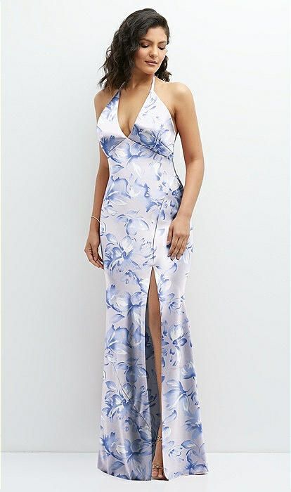 Floral Plunge Halter Open-Back Maxi Bias Dress with Tie Back in Magnolia Sky | The Dessy Group