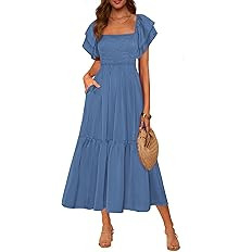 MASCOMODA Womens Summer Casual Midi Dress Square Neck Ruffle Short Sleeve Smocked High Waist A Li... | Amazon (US)