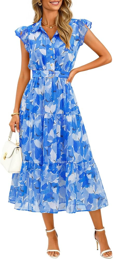 ZESICA Women's Summer Floral Midi Dress 2026 Casual Flutter Short Sleeve Chiffon Button Down Wedd... | Amazon (US)
